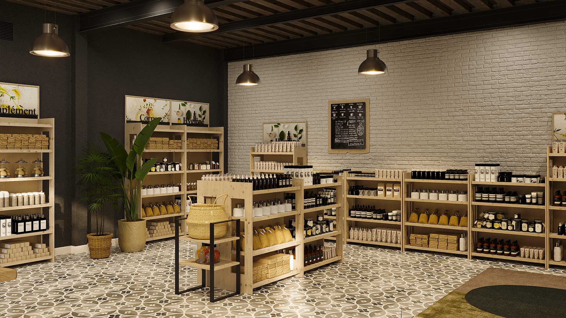 Intérieur d'un magasin beauté au design épuré avec présentoirs en bois naturel et profils métalliques