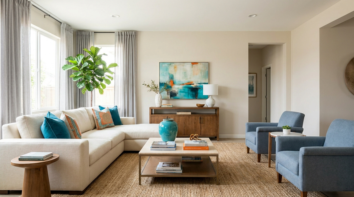 Salon aménagé selon des conseils déco simples, couleurs claires et éclairage en couches