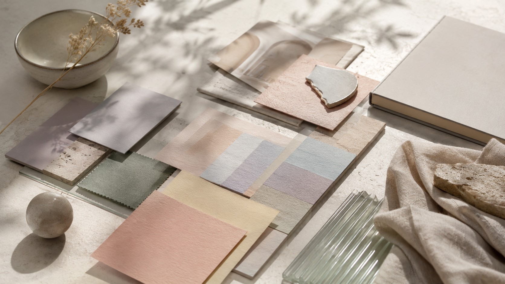 Palette de couleurs pastel avec rose poudré, bleu clair, vert menthe et gris perle