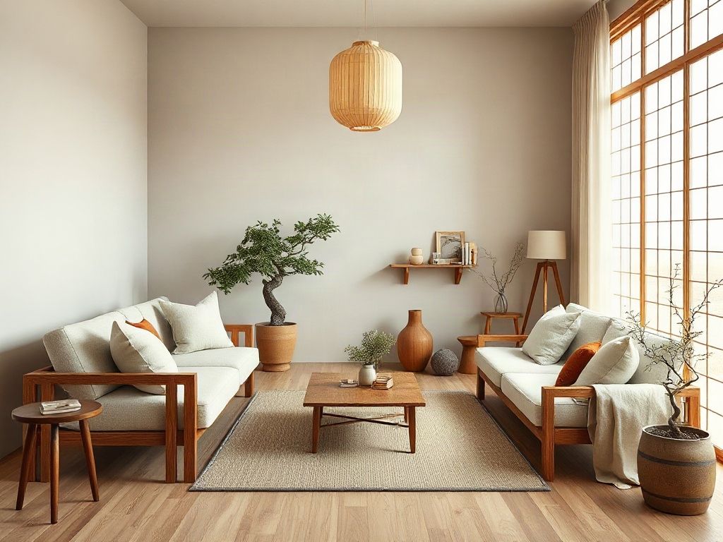 Salon au style japandi intérieur avec canapé bas, bois clair, tapis en laine et céramiques sobres